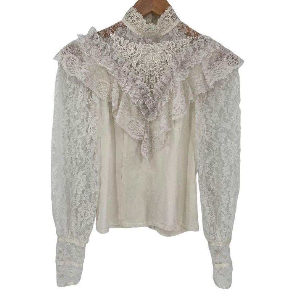 Vintage Gunne Sax By Jessica McClintock Lace Mock Neck Blouse‎ Women 3 Ivory